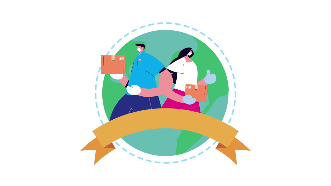 상자 애니메이션을 가진 배달 서비스 노동자