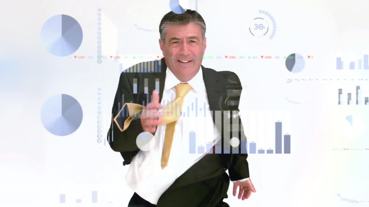 анимация обработки финансовых данных над кавказским бизнесменом бегает