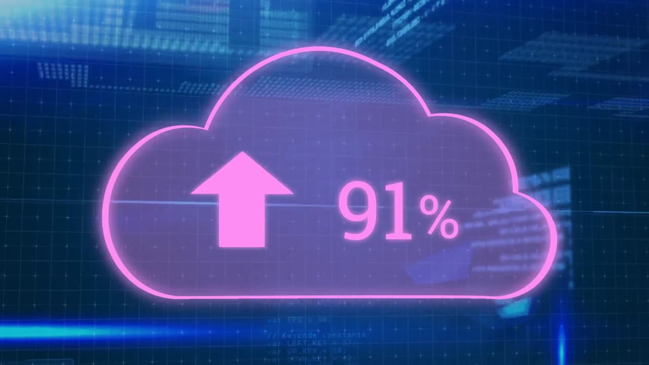 Animation of cloud icon and data processing over dark background