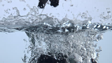 tasty berries splashing inside aqua closeup. bramble floating transparent water