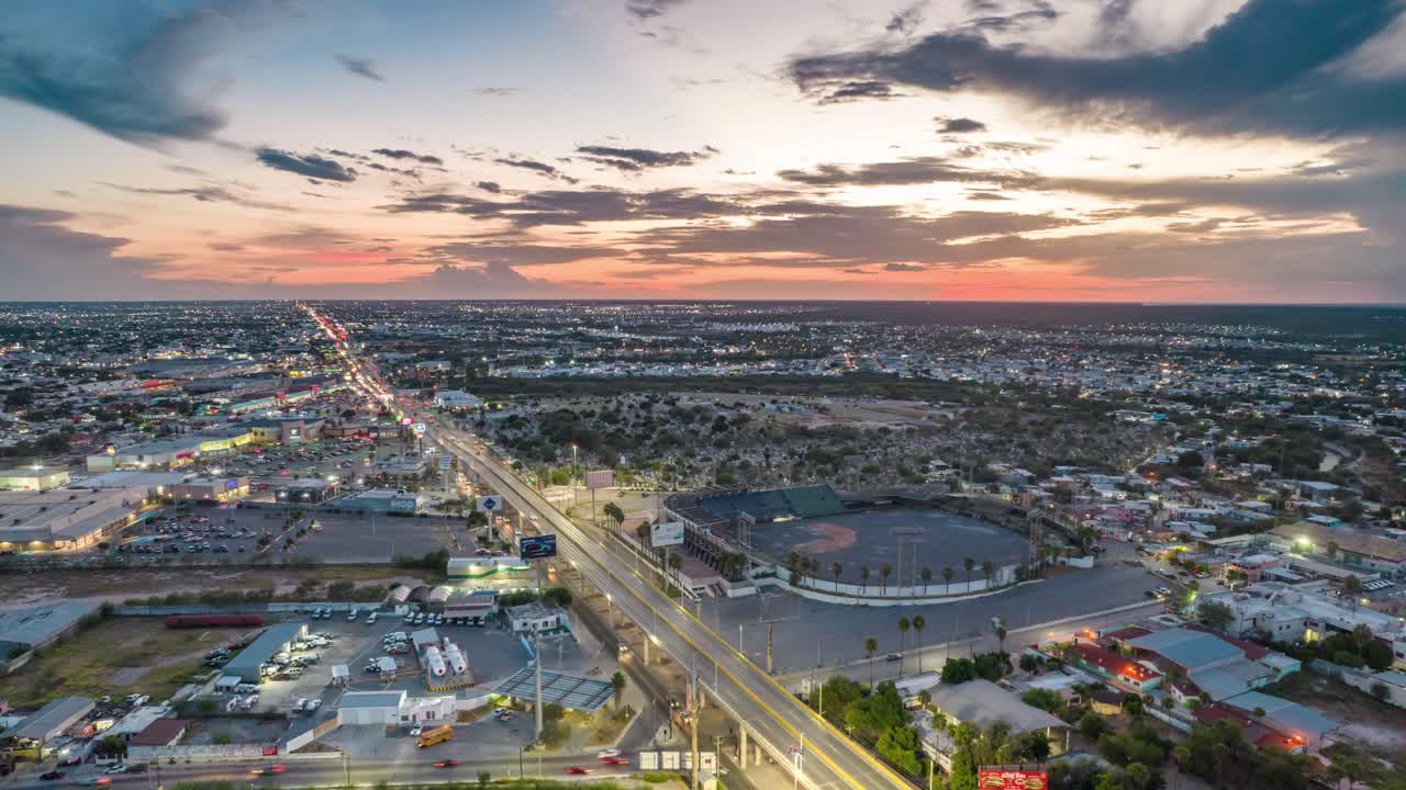 Reynosa Tamaulipas Mexico: Evening Hyperlapse Aerial City Lights