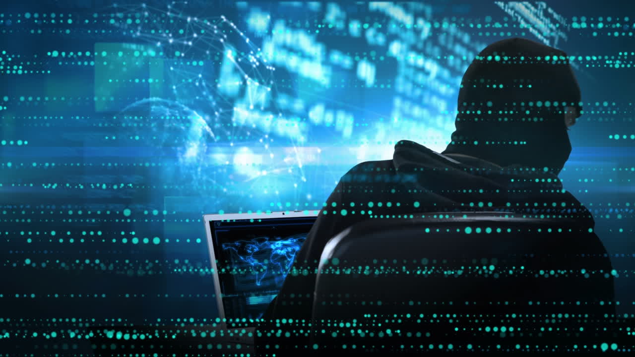 animación de procesamiento de datos y hacker sobre fondo azul