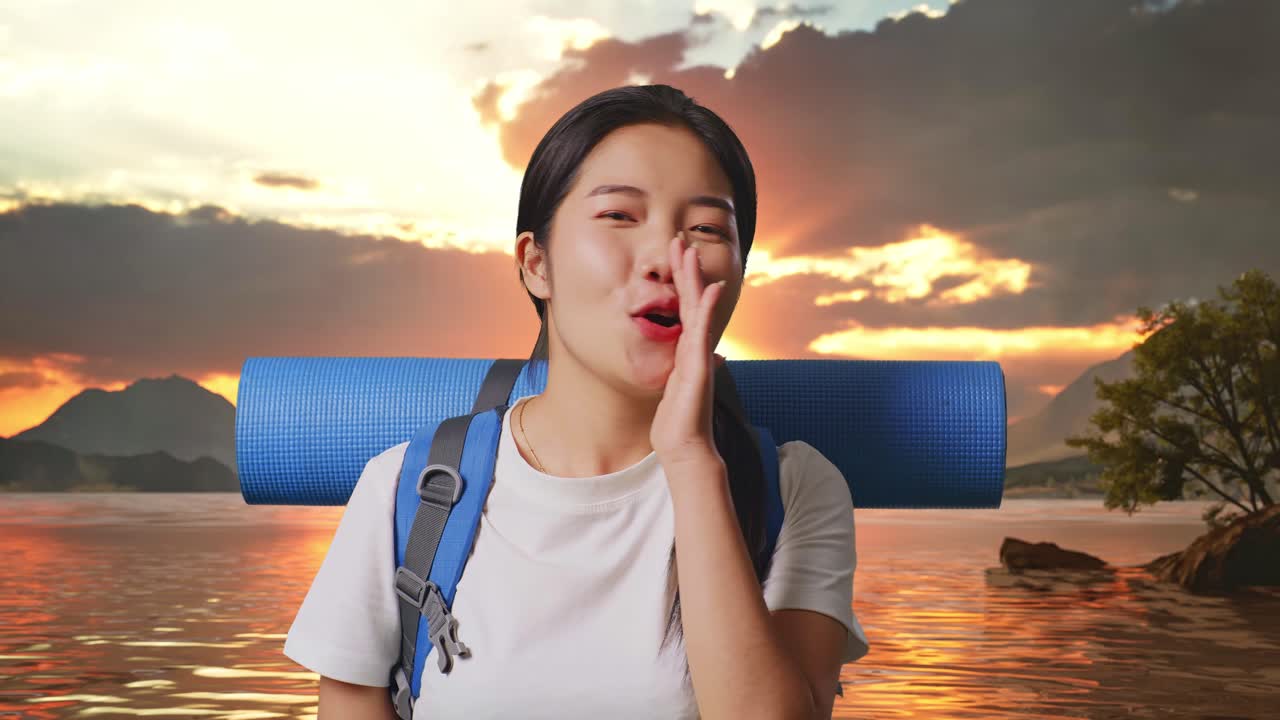 Woman on a scenic outdoor adventure, enjoying the sunset by a lake.