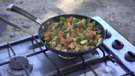 tofu salteado chisporroteando cámping cocina comida verduras comida saludable