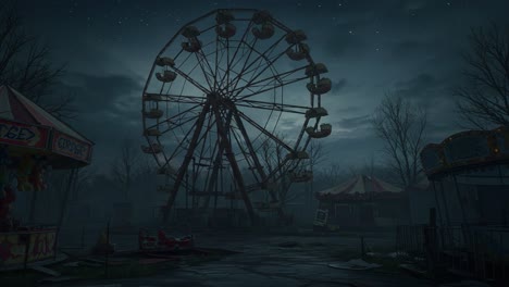 A Hauntingly Abandoned Amusement Park at Night, Featuring a Ferris Wheel and Eerie Atmosphere Under Stars, Capturing the Essence of Forgotten Joy and Decay