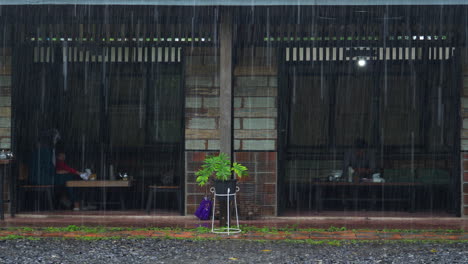 people eating dinner during heavy rain falling at rong cha restaurant, hat yai, thailand