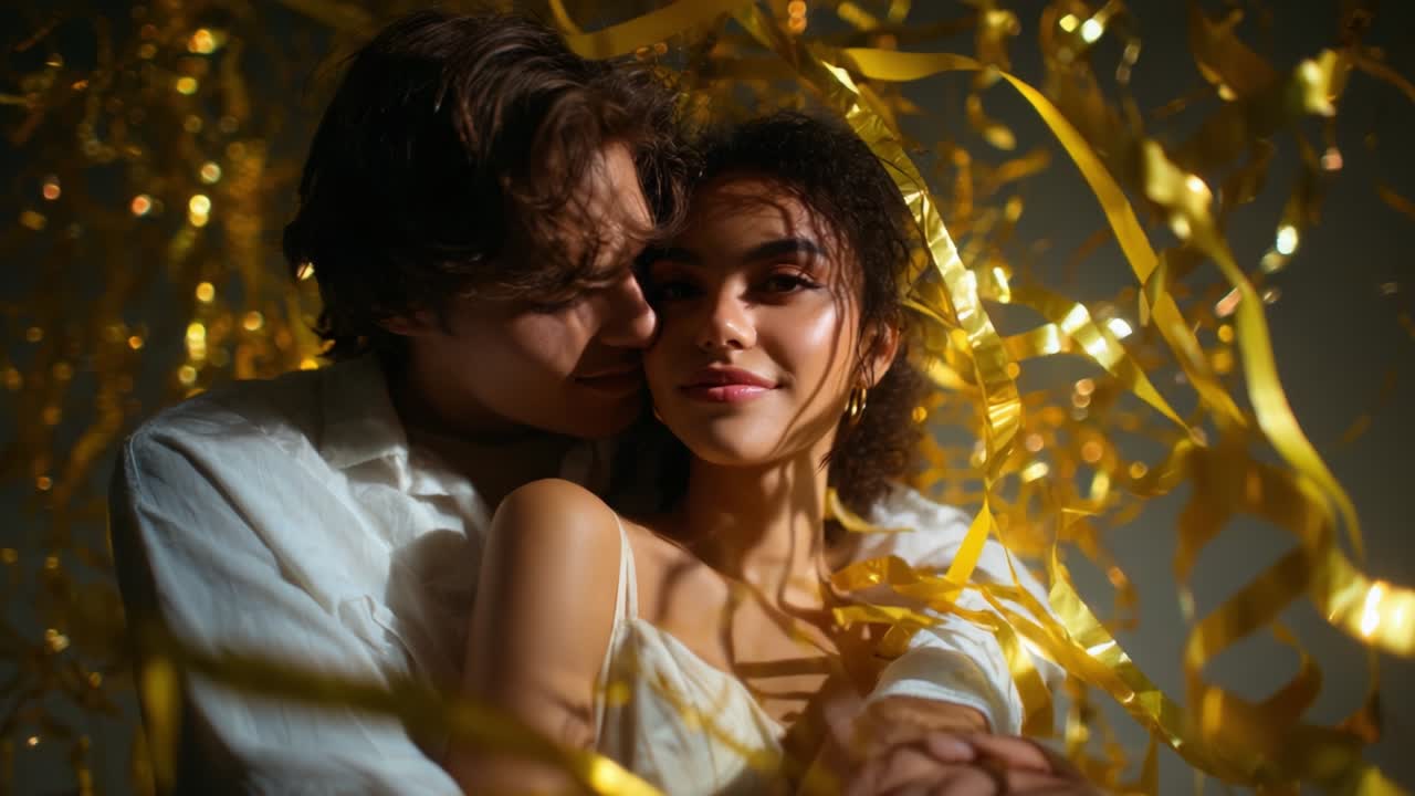 Captivating Moments of Intimacy and Joy Between Two Young Lovers Surrounded by a Cascade of Golden Yellow Streamers, Perfectly Portraying Their Connection and Blissful Celebration of Togetherness