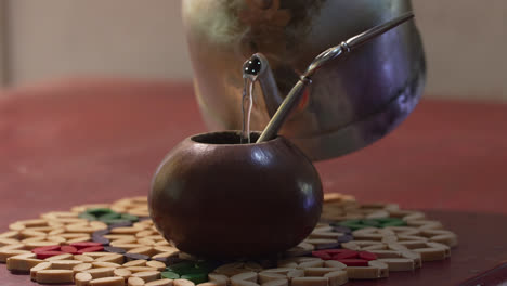 hot water served on yerba mate tea over a table