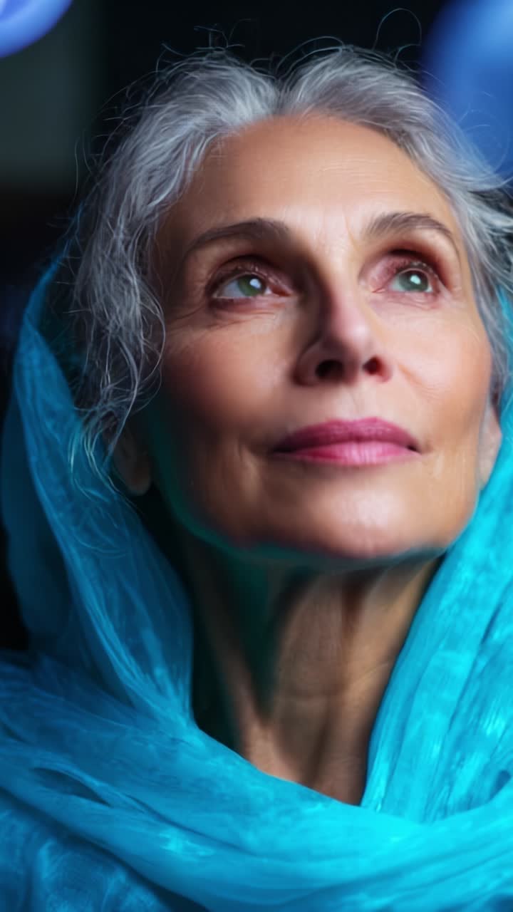 A Captivating Portrait of a Thoughtful Woman in a Vibrant Blue Headscarf, Bathed in Soft Light, Emphasizing Grace, Wisdom, and Inner Peace