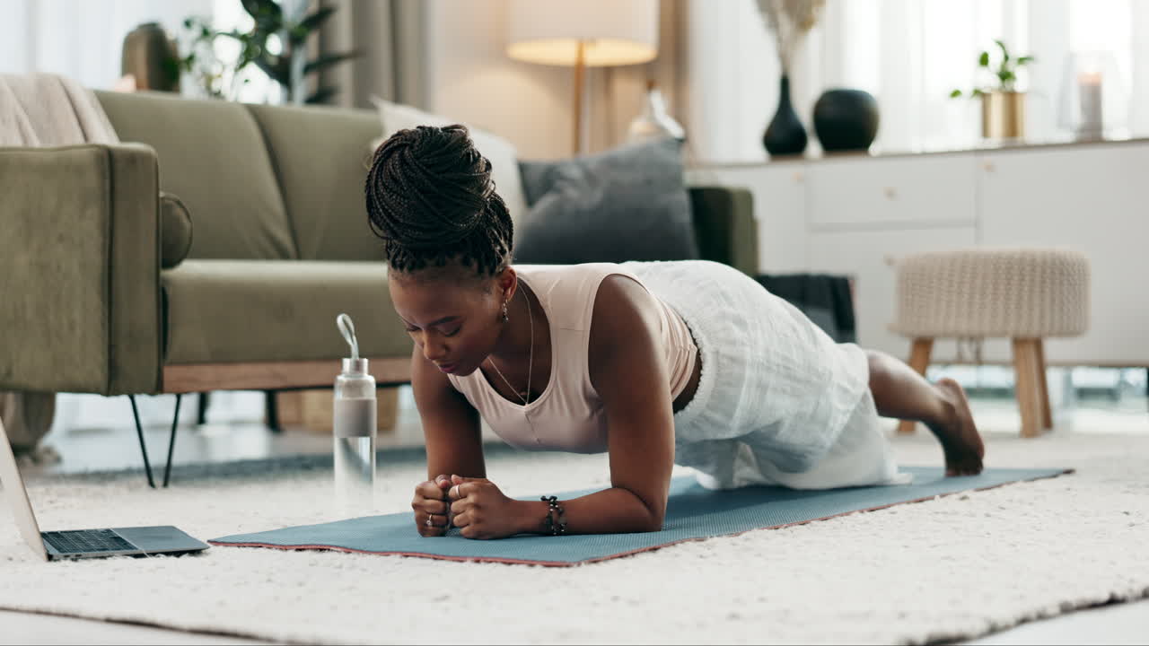 Laptop, yoga and fitness with a black woman