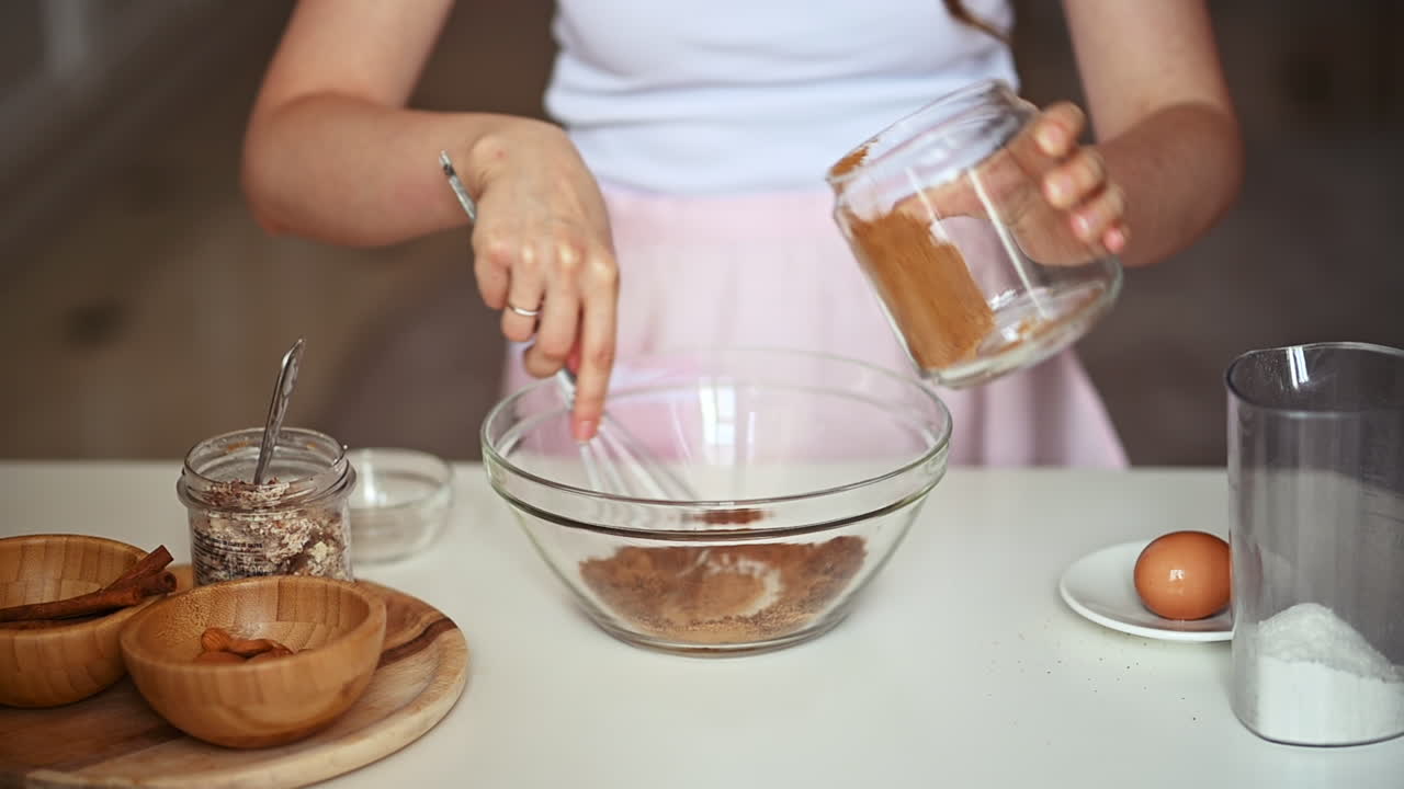 Close up of woman mixing dry ingredients in a glass bowl on a kitchen table while preparing homemade baked goods