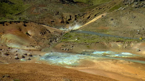 slow motion footage of hot springs, steaming fumaroles and boiling mud pots in seltun geothermal area in iceland