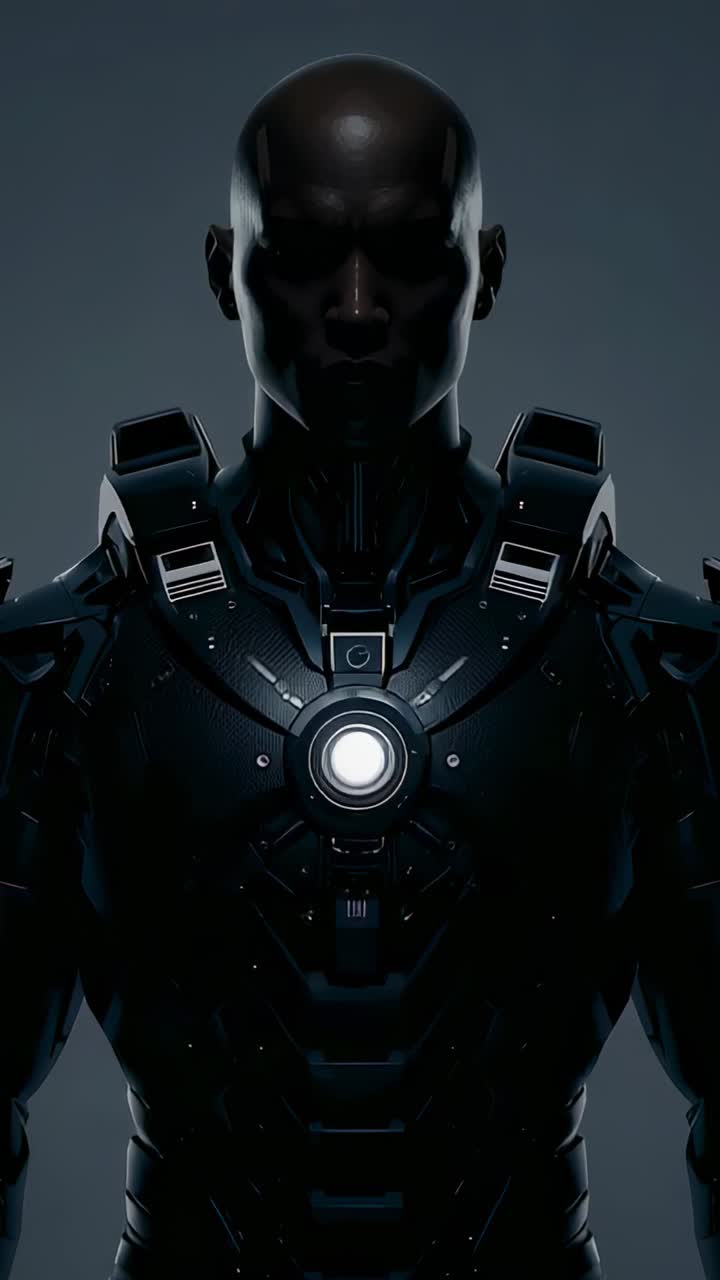 Video verticale: cyborg corazzato alimentato su sfondo grigio da studio, nucleo del torace che si illumina per il test