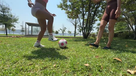 women playing soccer in the park