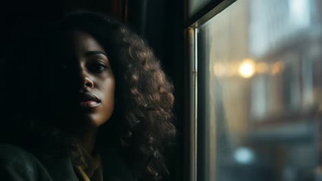 dramatic portrait of a young woman gazing out a window in a dimly lit room, surrounded by a blurred background while warm light filters in, evoking feelings of hope and contemplation