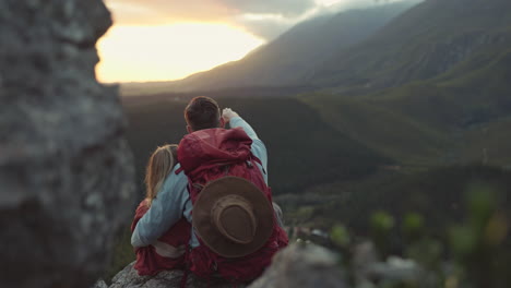 Hiking,-mountain-and-view,-couple-relax-on-outdoor