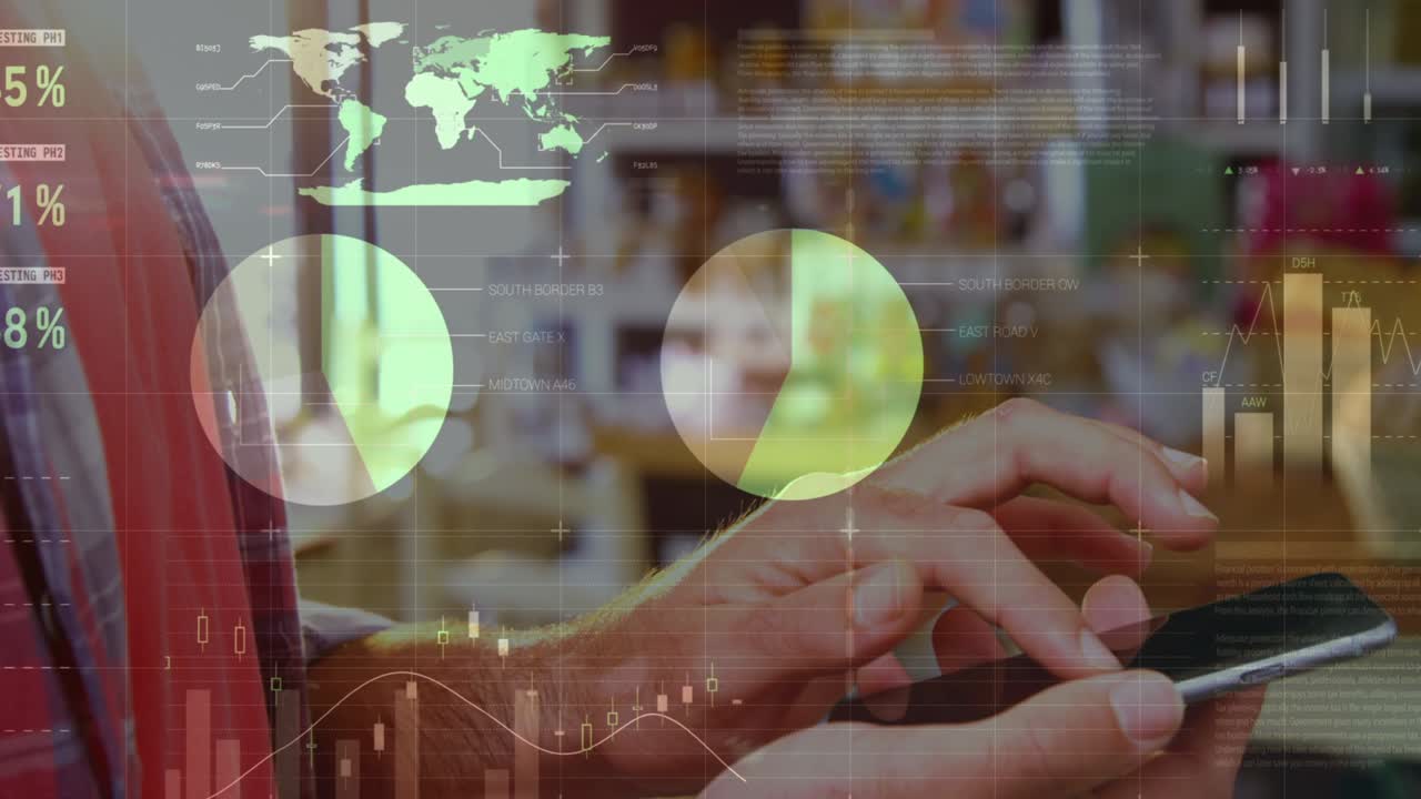 animación de estadísticas y procesamiento de datos sobre mujeres que usan teléfonos inteligentes