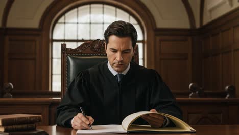 a focused judge deep in thought, diligently writing in a courtroom setting, surrounded by books, symbolizing justice and legal proceedings