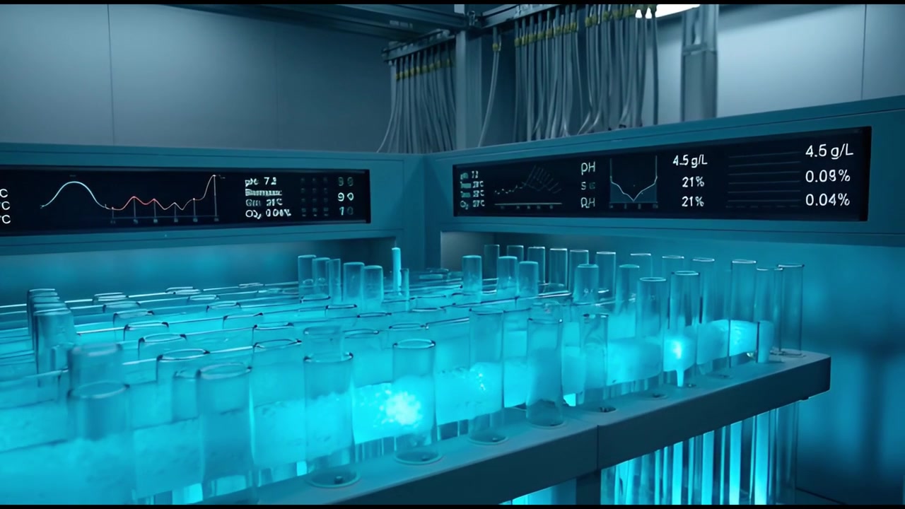 Futuristic Laboratory Experiment with Bubbling Test Tubes and Digital Data