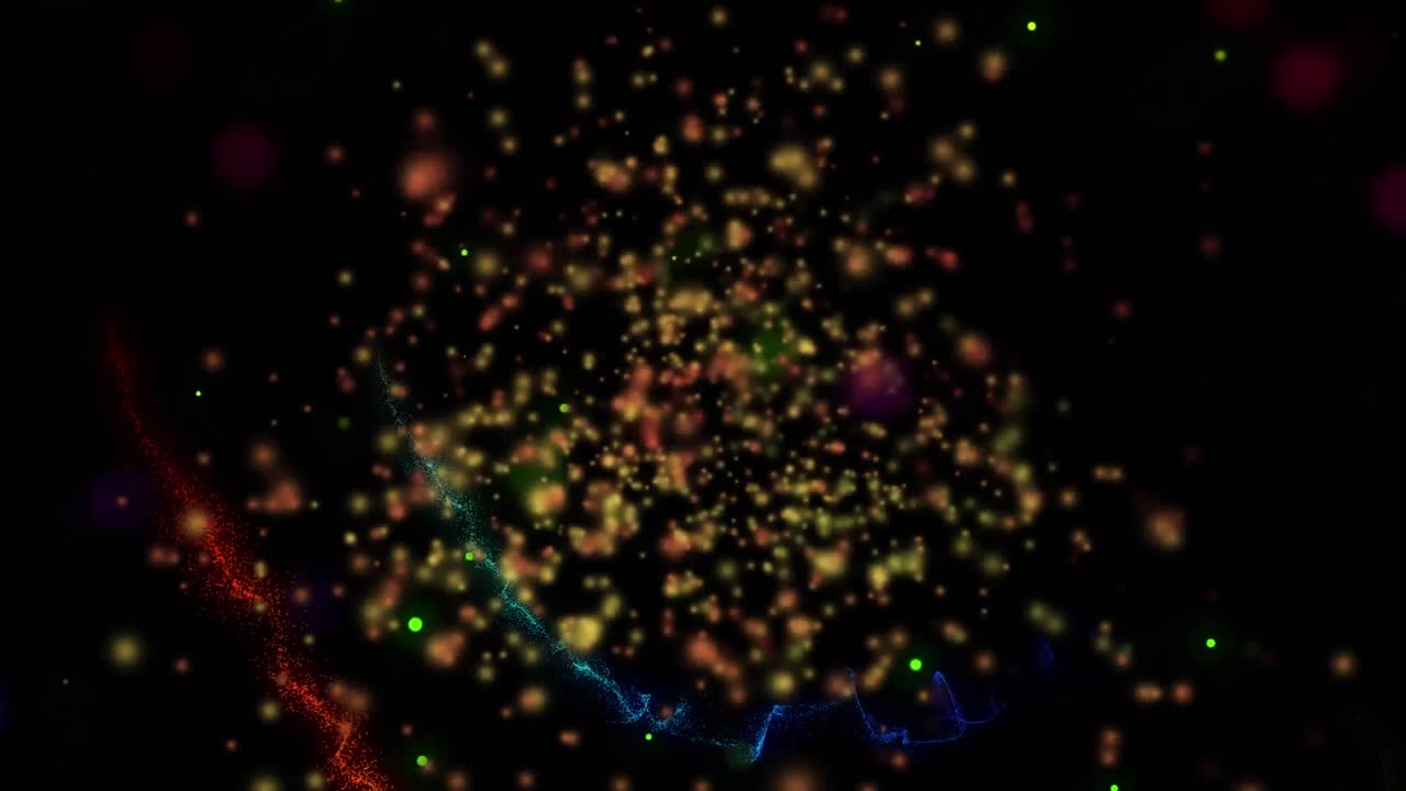 animación de confeti dorado con luces de colores y rastros de luz en el cielo nocturno.