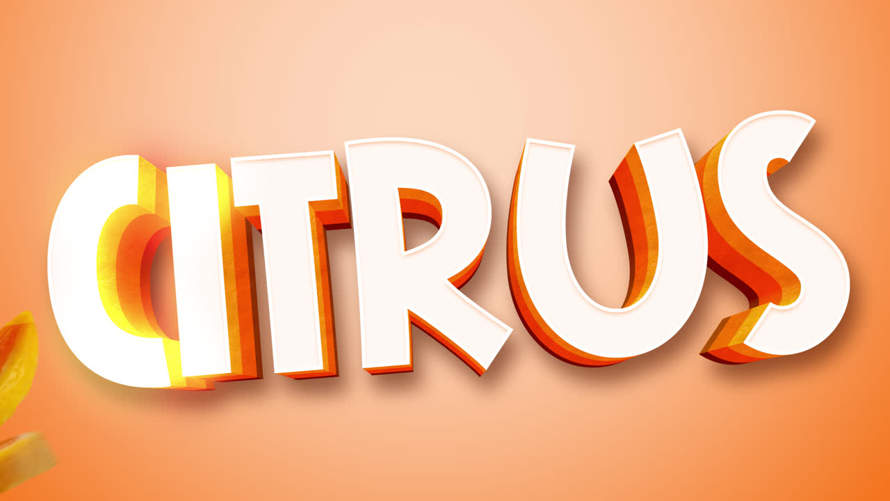 Vibrant CITRUS Text with Floating Leaves and Fruit Slices