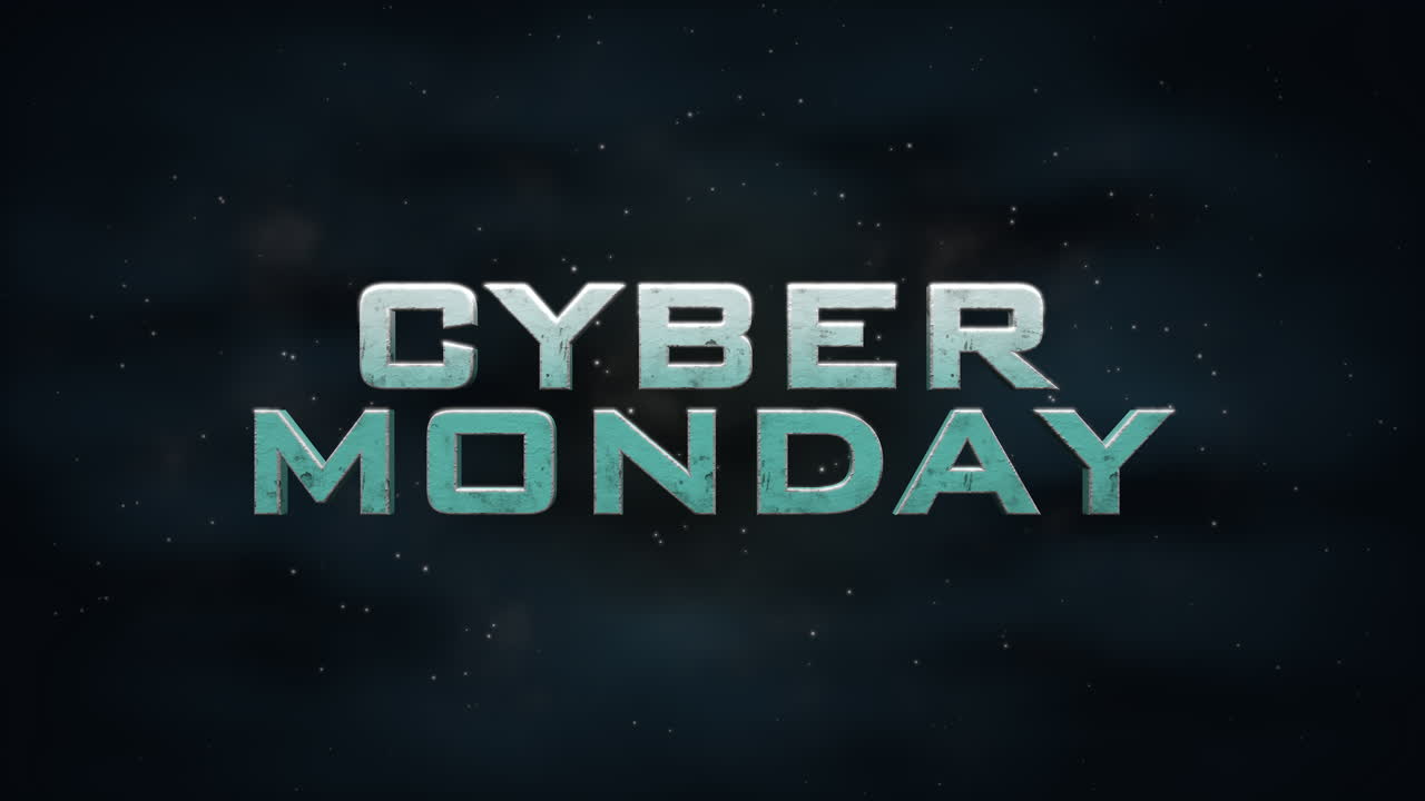 descuentos cósmicos: texto animado de cyber mondays en medio de una nebulosa estelar