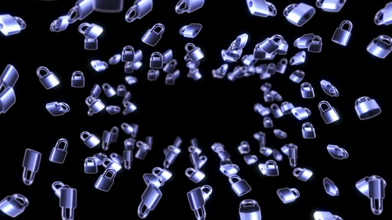 검은색 배경에 많은 은색 패들록을 날리는 보안 또는 비밀 보호 개념, 회전하는 패들록의 3d 애니메이션, 루프 애니메이션.