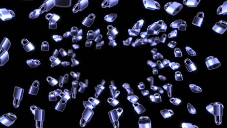 volando muchos candados de plata en fondo negro. concepto de seguridad o protección secreta. animación 3d de candados girando. animación de bucle.