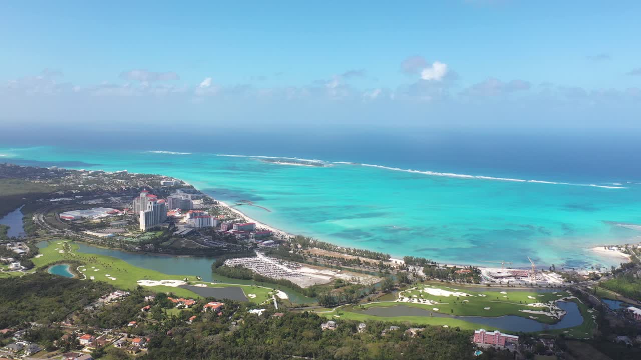 Exotic Paradise of Bahamas. Drone Aerial View of Nassau Beachfront, Tropical Lagoon and Turquoise Ocean Water