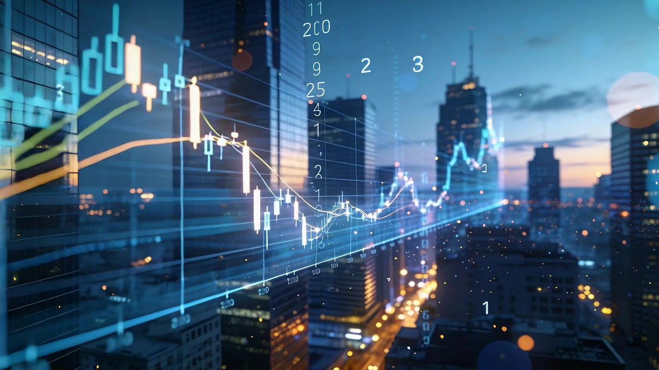 Grafico a candele scorrevole che entra da sinistra, mostrando linee di tendenza gialle e blu su uno skyline al crepuscolo