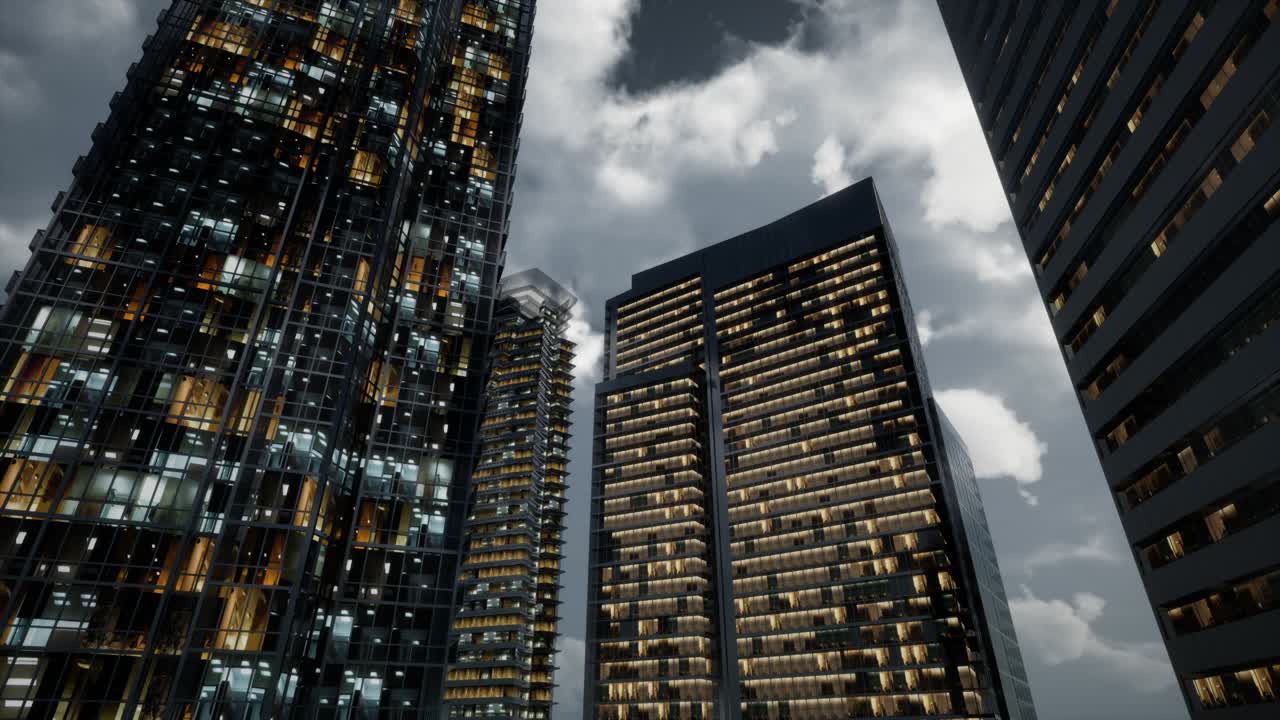 어두운 하늘을 가진 유리 초고층 오피스 빌딩