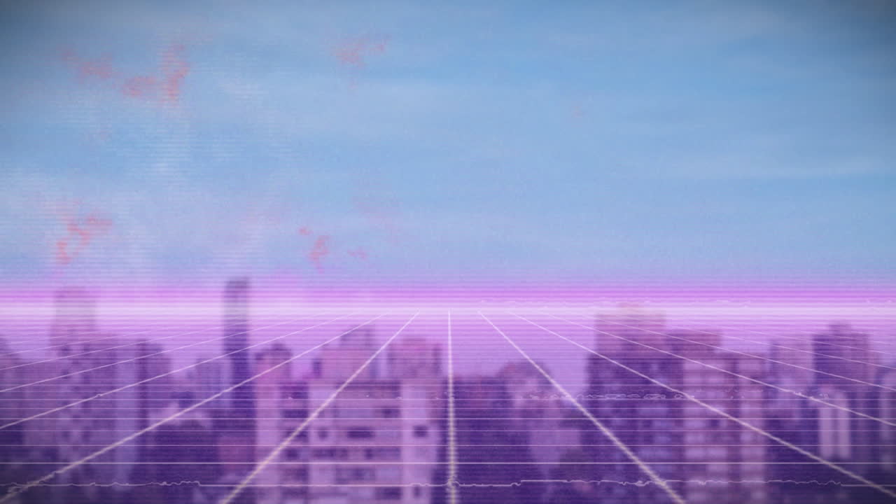 Animation of data processing over grid and cityscape