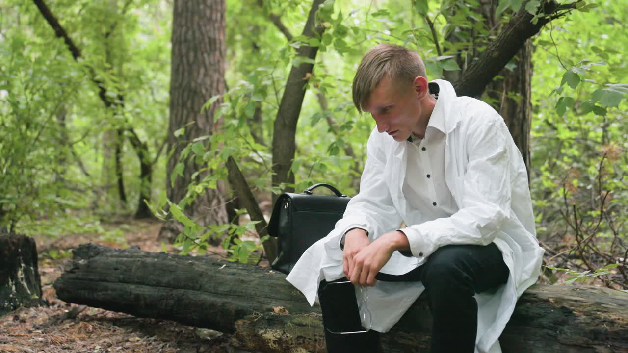 Biologist in white coat sitting on dry stump in forest removing glasses with hand, looking tired and exhausted with bag placed beside him, surrounded by dense trees, showing fatigue
