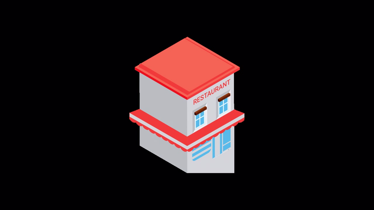 Animazione di un edificio di ristorante in stile flat design isometrico