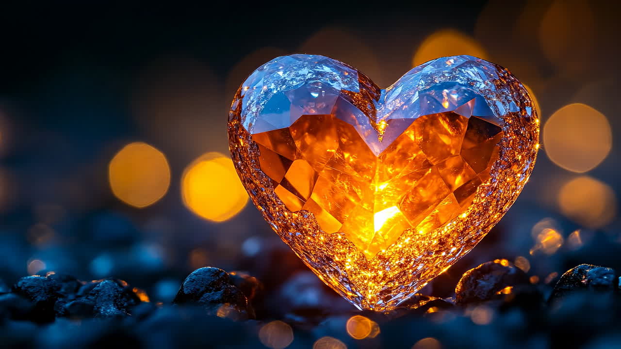 Heart shaped crystal shining in the dark. A beautiful heart-shaped crystal glows with warm light against a dark background, reflecting its unique facets