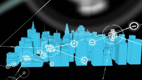 Animation-of-network-of-connections-with-icons-over-3d-city-drawing-on-black-background