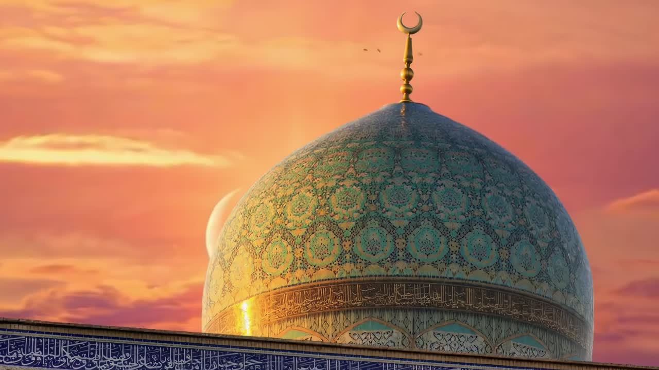 Majestic dome at sunset with crescent moon, captured from a low angle, ideal for video, Live desktop