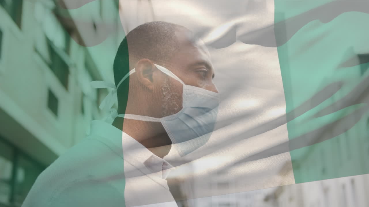 코로나 19 대유행 기간 동안 얼굴 마스크를 착용한 남자가 이탈리아 국기를 흔들고 있는 애니메이션