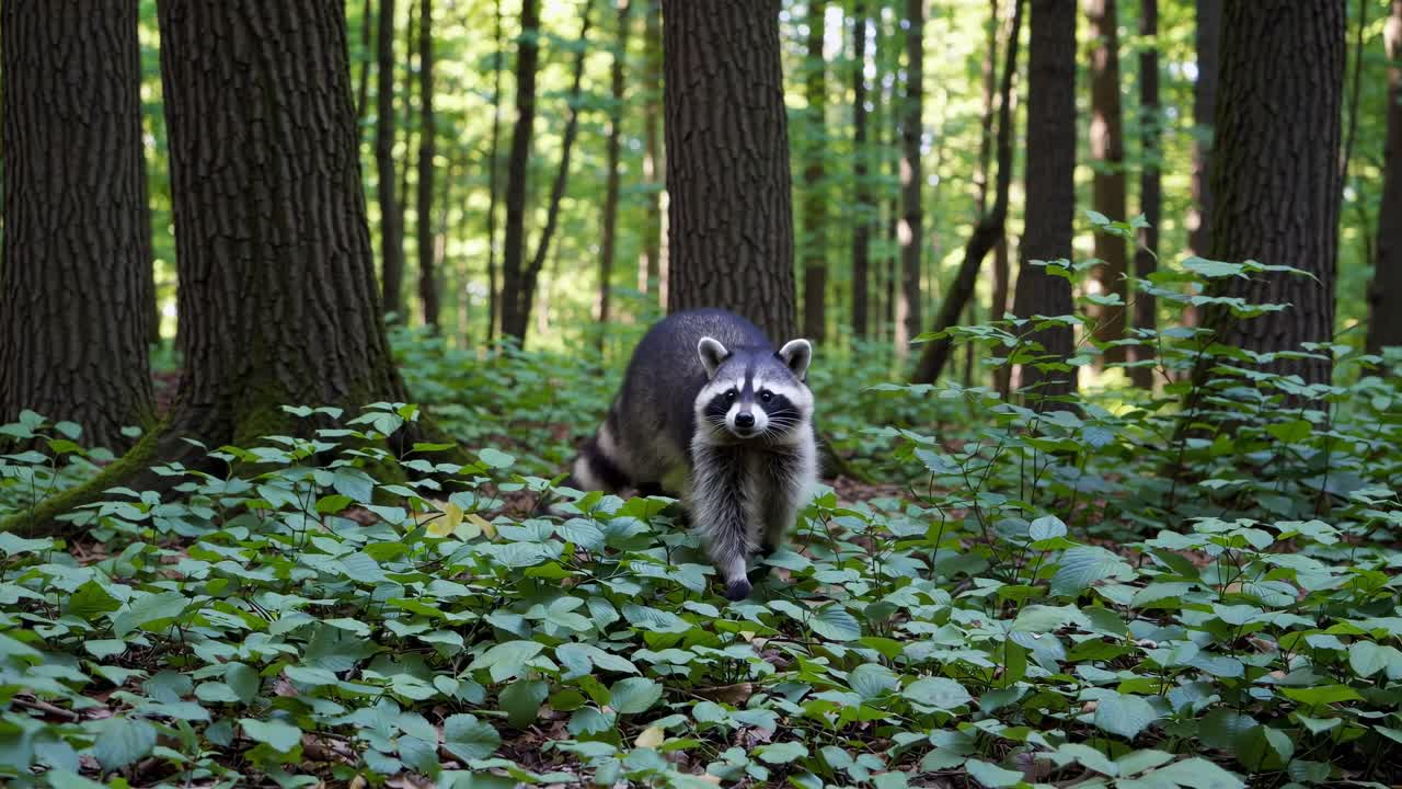 A raccoon in a forest, captured from a low-angle, creates a natural wildlife video scene