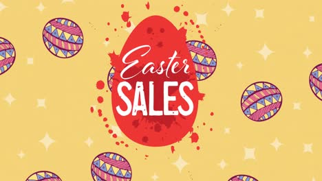 Animation-of-easter-sales-text-with-easter-eggs-on-yellow-background