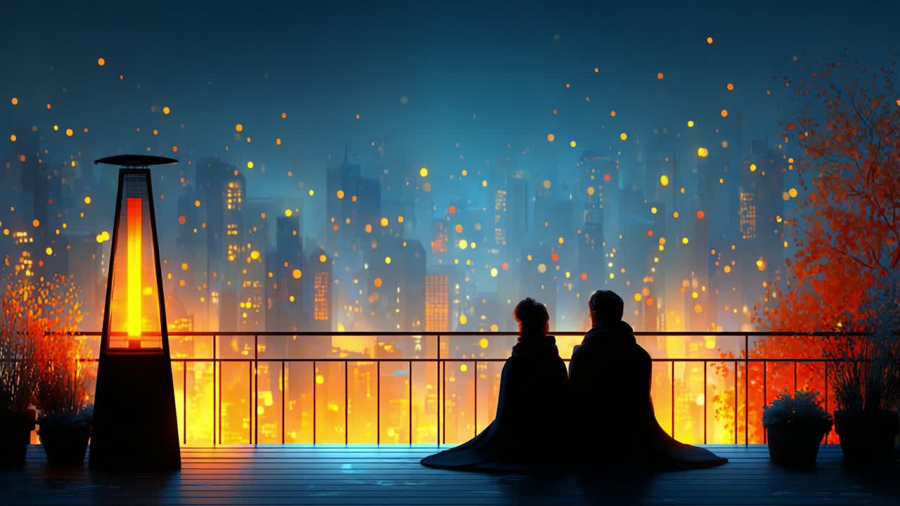 A serene evening scene unfolds as a couple enjoys the mesmerizing view of a vibrant cityscape illuminated by glowing lanterns, creating a magical atmosphere of connection and tranquility