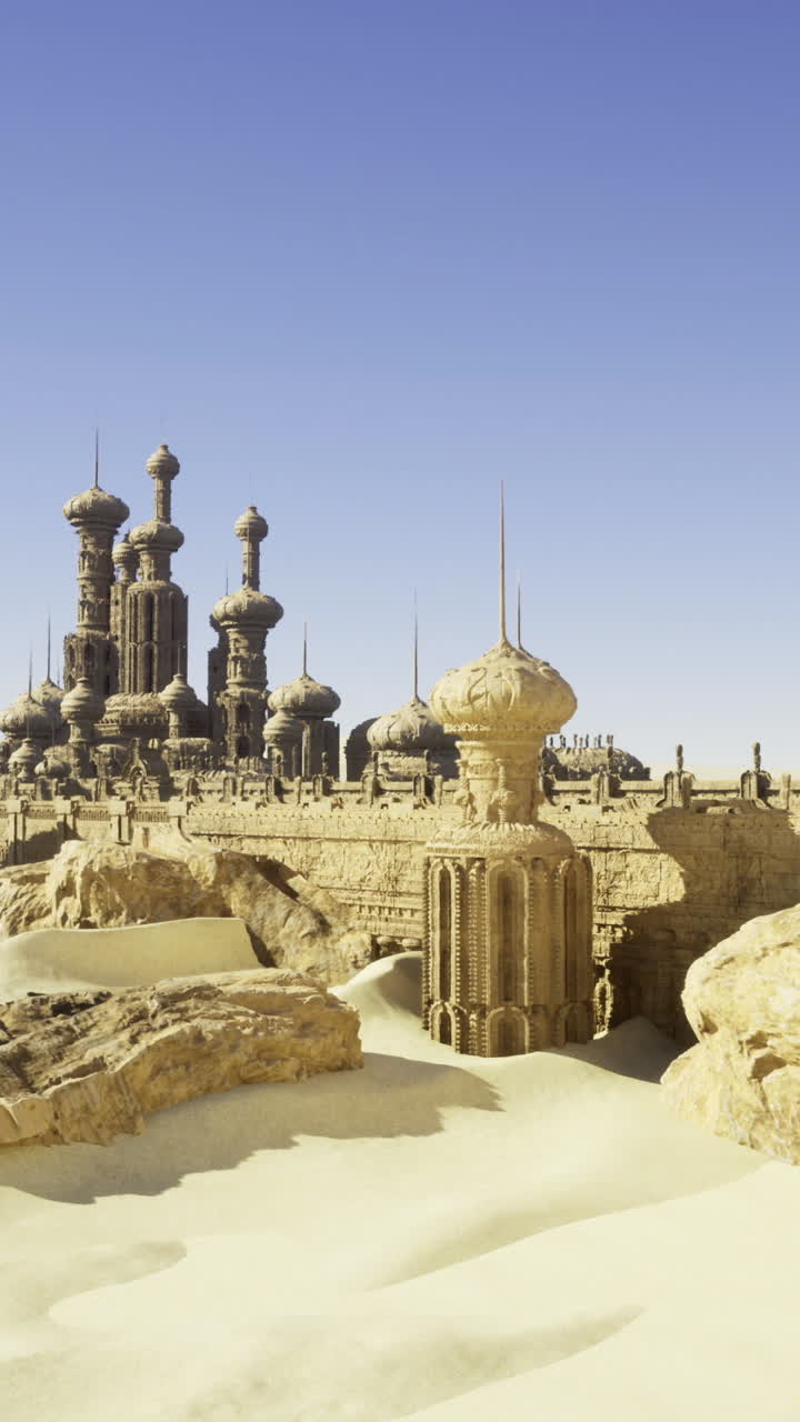 Desert landscape with ancient architecture and rock formations under clear sky