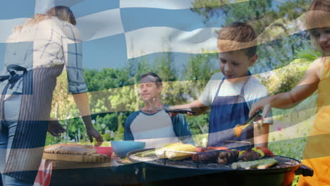 animation der griechischen flagge über einer kaukasischen familie, die draußen eine party veranstaltet