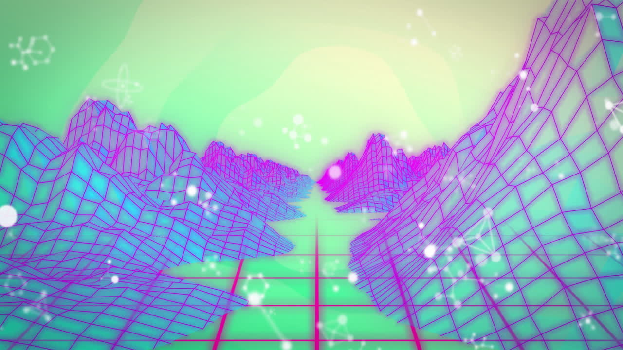 Animation of neon retro 3D grid landscape with digital particle effects
