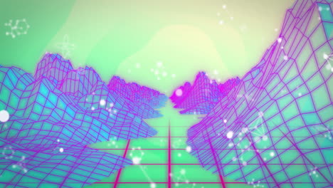 animation of neon retro 3d grid landscape with digital particle effects
