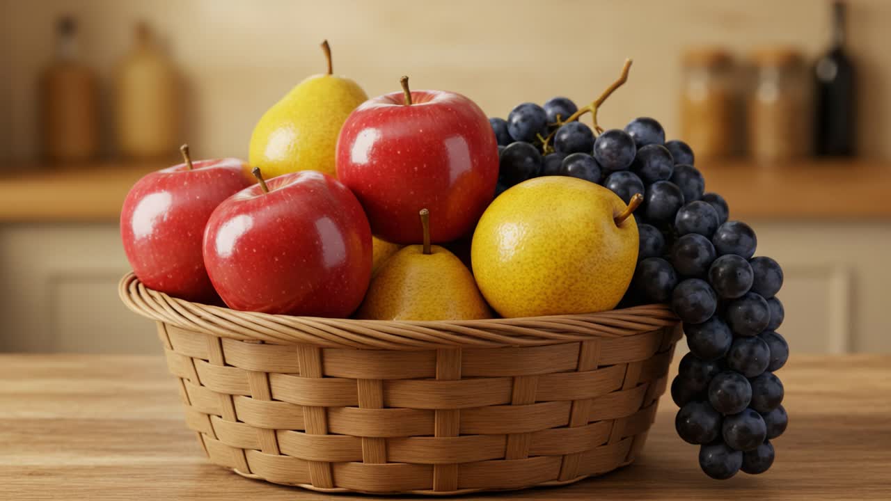 A beautifully arranged basket filled with fresh red apples, yellow pears, and dark grapes, showcasing a vibrant assortment of fruits perfect for any table setting