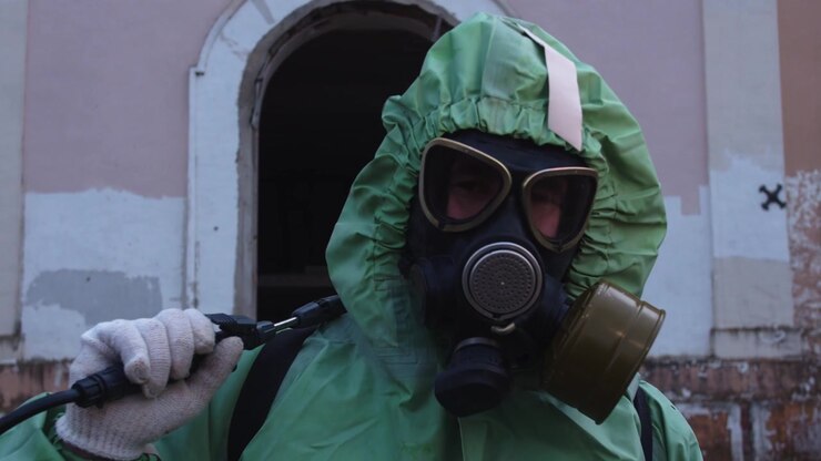 Postapocalyptic concept a man in a gas mask wearing protective suit