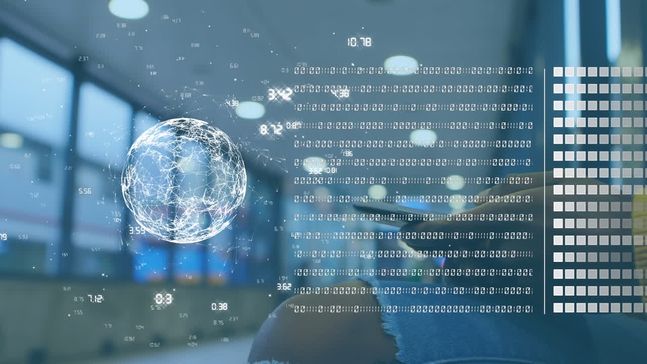 Animation of data processing and globe over biracial businesswoman using smartphone