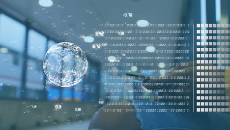 animation of data processing and globe over biracial businesswoman using smartphone