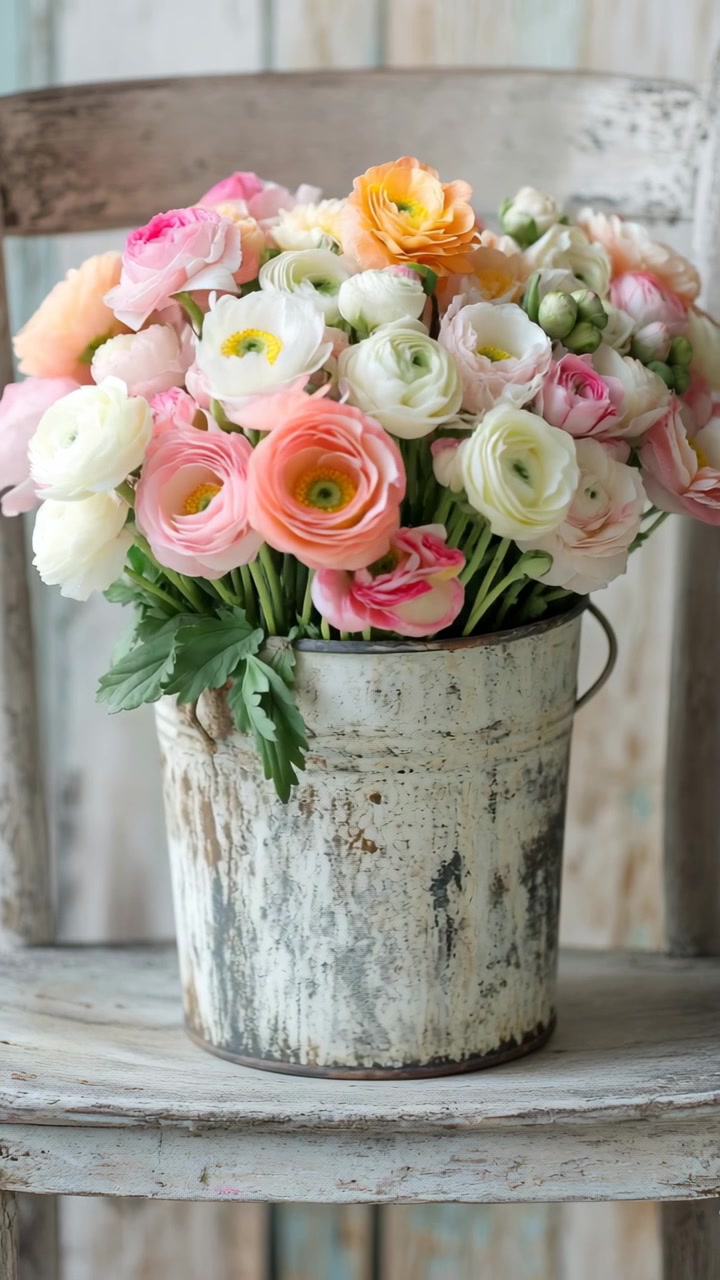 Vivaci fiori di ranuncolo pastello in un secchio di metallo invecchiato